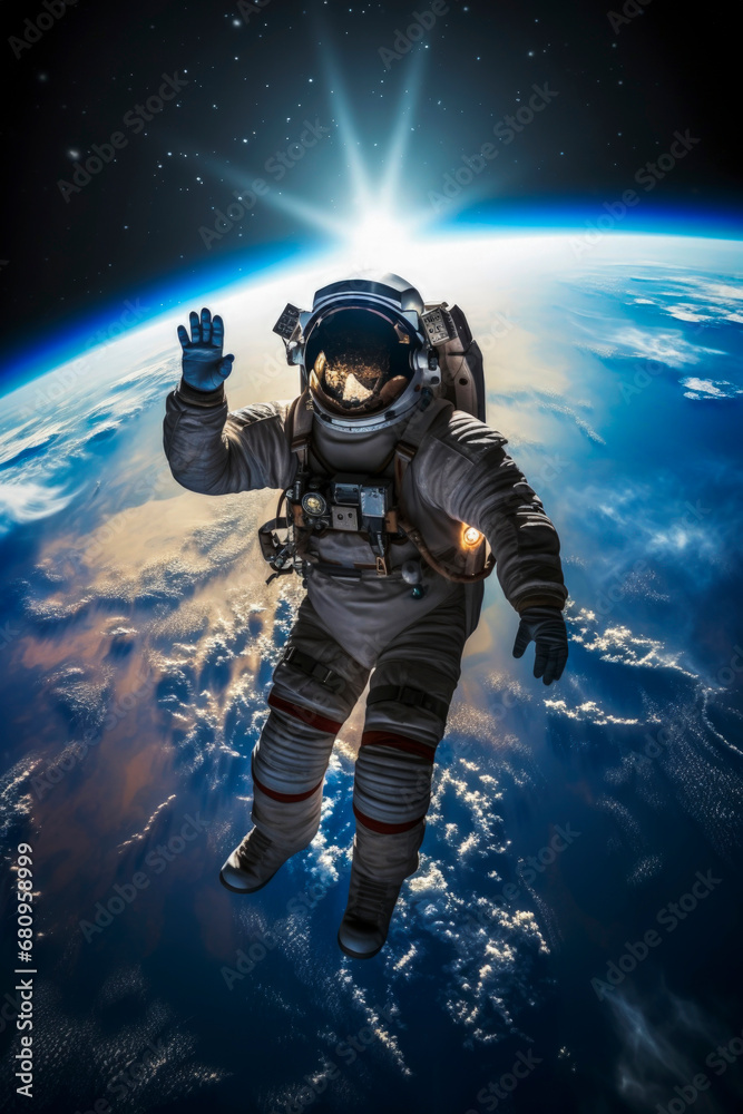 Wall mural generative ai image of an astronaut floating serenely above the earth with hands raised waving bathe