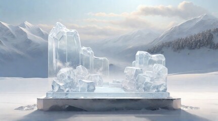 Fototapeta na wymiar Crystal ice podium for product display on the background scene snow winter landscape.