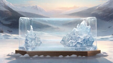 Fototapeta na wymiar Crystal ice podium for product display on the background scene snow winter landscape.