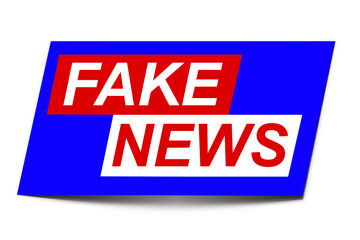 Fake News banner in red, blue and white, set over a white background.  Slight drop shadow to give a sense of space at the base of the banner.