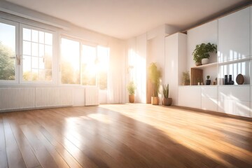 A rendered image showcasing an unoccupied living room adorned with sunlight streaming through a sliding door, showcasing a wooden floor and pristine white walls. Perfect for renovation, new house