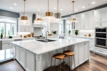 White Kitchen interior with kitchen island, granite counter tops