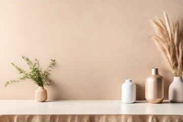Fototapeta na wymiar Boho beige copy space background. Monochrome minimalist empty table with vase. Wall scene mockup product for showcase