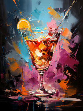 A Painting Of A Glass Of Alcohol With A Slice Of Orange - Hugo Cocktail