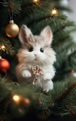 Close up of cute little rabbit toy on the Christmas tree. Decorated New Year's tree in background.