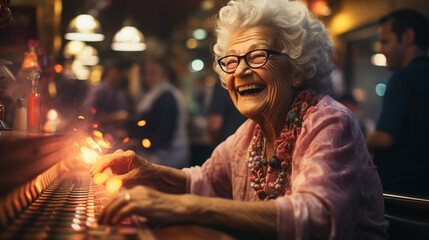 Elderly human playing slot machine in casino.