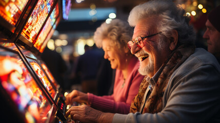 Elderly human playing slot machine in casino.