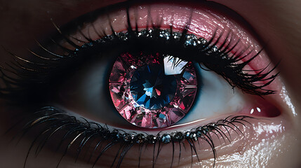 Close-up womans eye with a diamond stone inside. concept of luxury, reach and jewelry