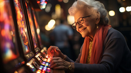 Elderly human playing slot machine in casino.