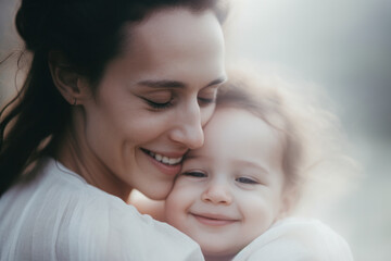 close up portrait of mother holding her newborn baby boy close to her face and smiling