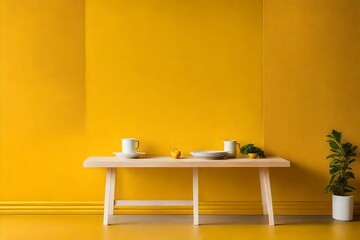 Textured mustard yellow wall copy space. Monochrome empty wall in kitchen with minimalist table. Wall scene mockup product for showcase, Promotion background
