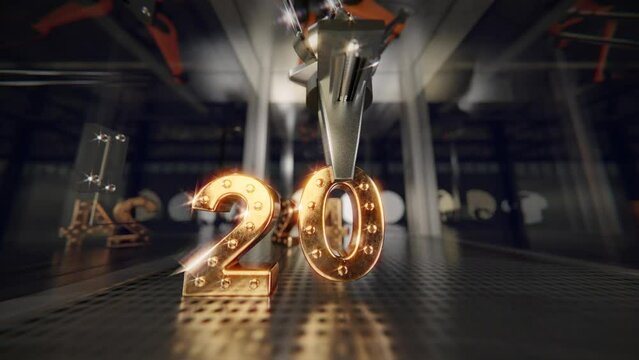 Using its 3-axis arm, the robot meticulously arranges the 2024 inscription, skillfully transitioning into a joyful dance. As sparks cascade in the background. The last 40 frames in the clip are looped