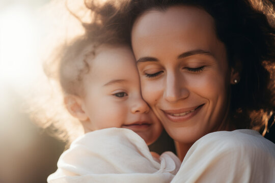 Close Up Portrait Of Mother Holding Her Newborn Baby Close To Her Face And Smiling