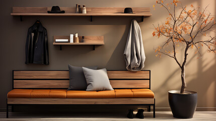 Wall-mounted coat rack above a modern bench, interior modern design