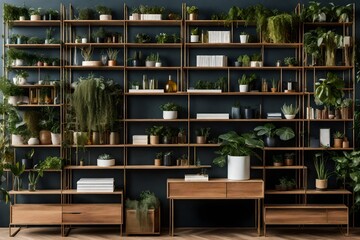 A contemporary-style bookshelf adorned with plants that serves as a modern decorative element for virtual office backdrops, studio backgrounds, or can be printed in a large format to enhance a back