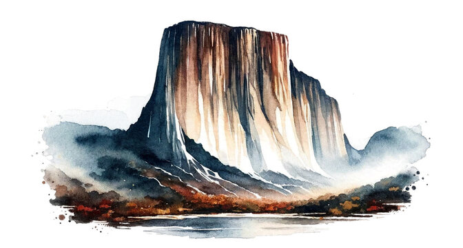 Ethereal Summit: Watercolor Isolation of Mount Roraima