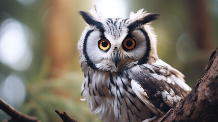 Naklejka premium A close up of a Northern White Faced Owl, perched on moss covered post.=-