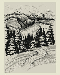 Landscape with a road, pine woods, coniferous forest and mountain range. The road leading to the forest. Vector graphic vintage illustration. Engraving, etching, woodcut. Retro postcard. Sketch. © Till•Mayer