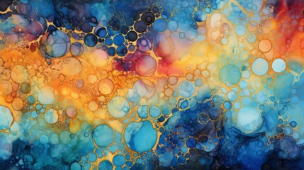 fusion between pointillism and alcohol ink painting, vibrant, glowing, 16:9 - obrazy, fototapety, plakaty