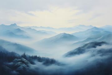 A misty morning in the mountains, oil painting