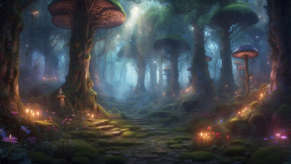 Mystical fairy forest with forest inhabitants and lights and mushrooms - obrazy, fototapety, plakaty