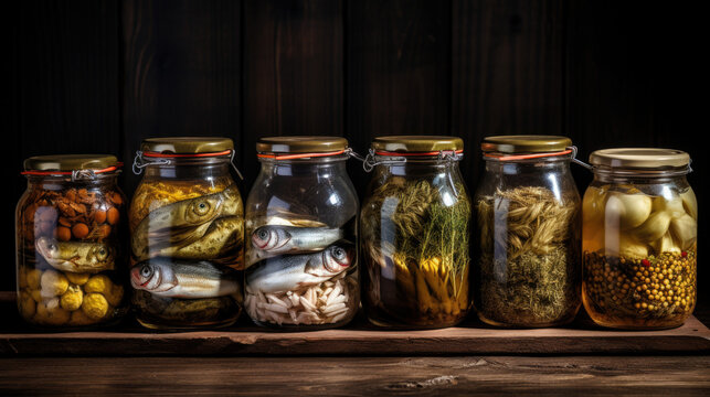 Fish pieces preserved in a jar and whole fish