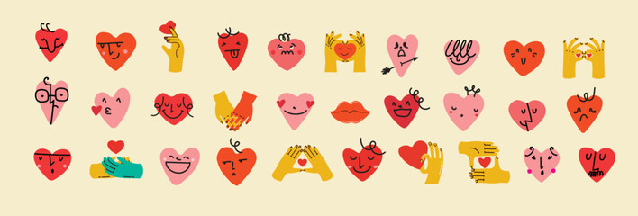 Groovy hippie love sticker set. Heart funny cartoon character different pose. Happy valentine's day concept. Trendy retro 60s 70s style emoji. Y2K aesthetic. Vector illustration. - obrazy, fototapety, plakaty
