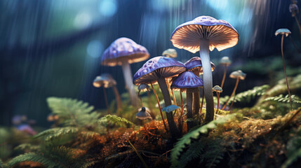 Fototapeta premium beautiful closeup of forest mushrooms in grass, autumn season. little fresh mushrooms, growing in Autumn Forest. mushrooms and leafs in forest.