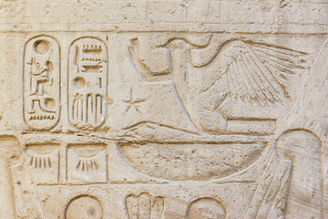 Carved Egyptian hieroglyphs at the wall of Karnak Temple. Close-up fragment, , Luxor, Egypt. History, tourism or art history concept