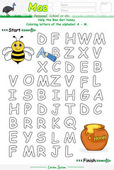 Alphabet Maze Game learning alphabet A to M with bee cartoon