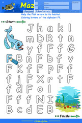 Alphabet Maze Game learning alphabet Ff with Fish cartoon