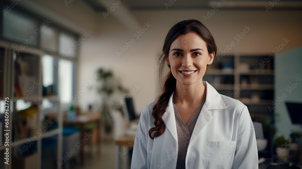 Wall mural Portrait of smiling young female doctor therapist cardiologist