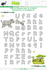 Alphabet Maze Game learning alphabet Rr with Rhinoceros cartoon