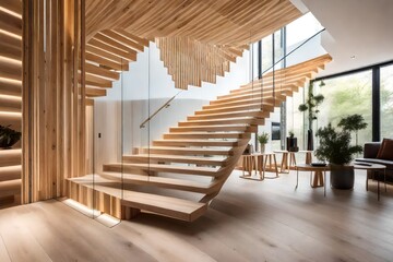 Contemporary wooden stairs made from natural ash tree are incorporated in the interior of a new house. The staircase showcases modern architecture and interior design, adding a touch of elegance