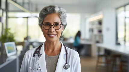 Portrait of smiling middle aged 60s female doctor therapist cardiologist in white medical coat standing in clinic office with folded arms, looking at camera, waiting for patient, healthcare concept.
