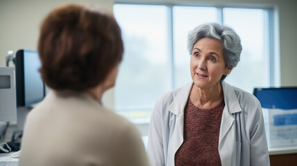 Fototapeta premium Female doctor in uniform looking at senior patient in medical practice. Happy aged lady visit therapist for health check up. Professional medical services