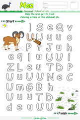 Alphabet Maze Game learning alphabet Uu with Urial cartoon