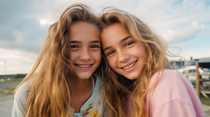 two blond young women laughing and having fun together in nature, Outdoor photo of refined sisters posing on sky background.