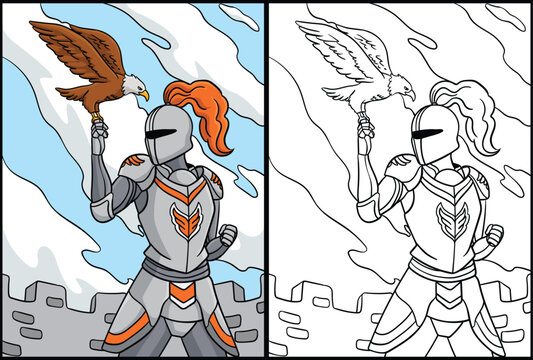 Knight with an Eagle Coloring Page Illustration