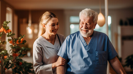 Young nurse helping elderly man walk in the room, holding his hand, supporting him. Treatment and rehabilitation after injury or stroke, life in assisted living facility, senior care concept - obrazy, fototapety, plakaty