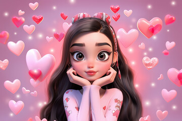 Obraz na płótnie Canvas Young beautiful, fashionable, romantic girl who has a big pink heart. Minimal Valentine's Day symbol of love. 3d illustration style.