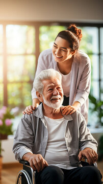 Young nurse helping elderly man walk in the room, holding his hand, supporting him. Treatment and rehabilitation after injury or stroke, life in assisted living facility, senior care concept