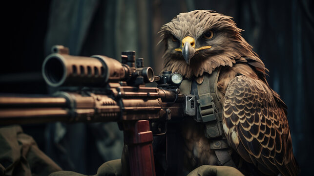 Bald Eagle dressed as a warfare soldier holding a gun