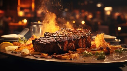 American steak served with gravy and fries. Generative Ai. - obrazy, fototapety, plakaty