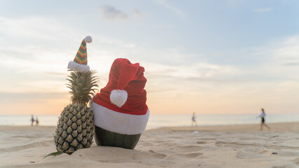 Santa Claus pineapple and watermelon couple wearing stylish sunglasses on the sand contrasting with...