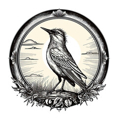 Circular frame of a beautiful bird. Engraving black and white illustration isolated on white background