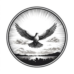Dove Symbol of peace in a circular frame. Engraving black and white illustration isolated on white background
