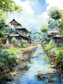 A Watercolor Of A River With Houses And Trees - Malaysia village in watercolor painting