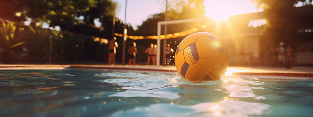 Yellow water polo ball on swimming pool surface for game, competition and practice for match.