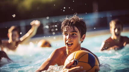 Teenager, boys and team, water polo and playing game with sports, action and energy in indoor swimming pool. Young male players, high school athlete group and competition with fitness and teamwork - obrazy, fototapety, plakaty